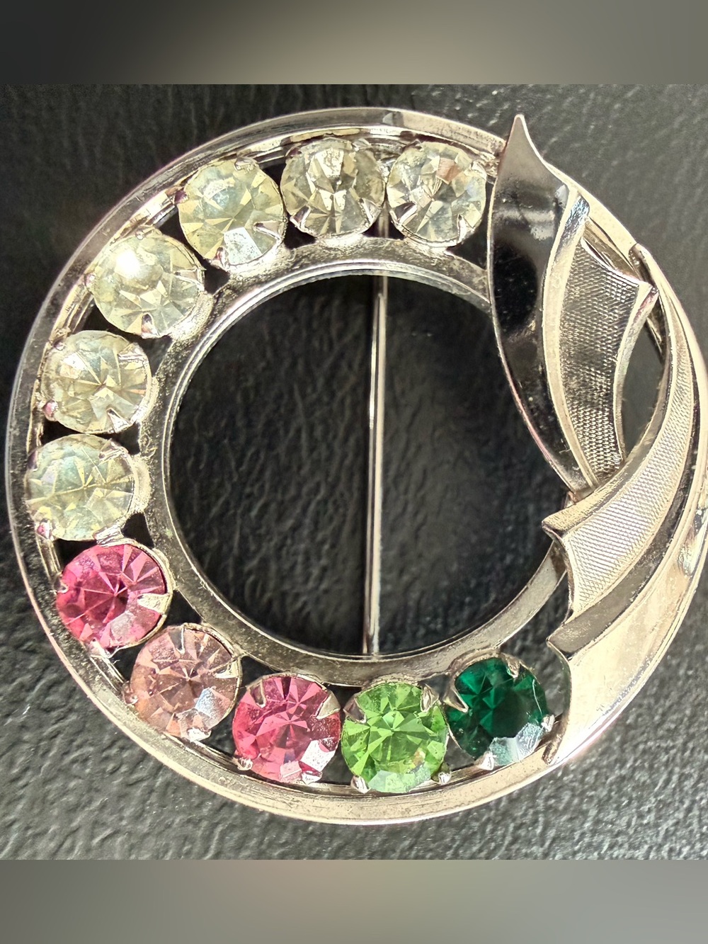 Vintage Signed Catamore Brooch Pin 12K GF Multicolor Rhinestones Wreath